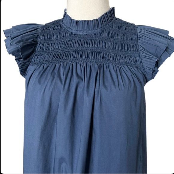Sea New York Marlene Tunic Mini Dress Smocked Ruffle Blue Cotton Blend Sz Small - Picture 3 of 6